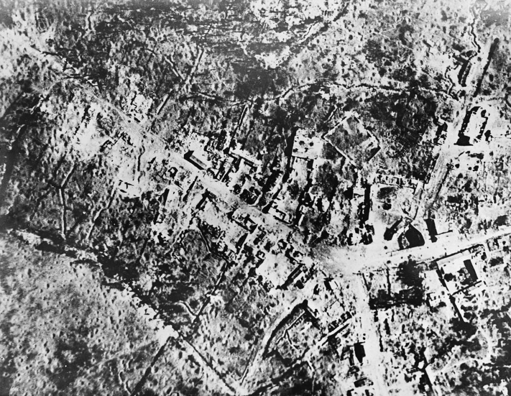 An aerial view of Longueval after bombardment.